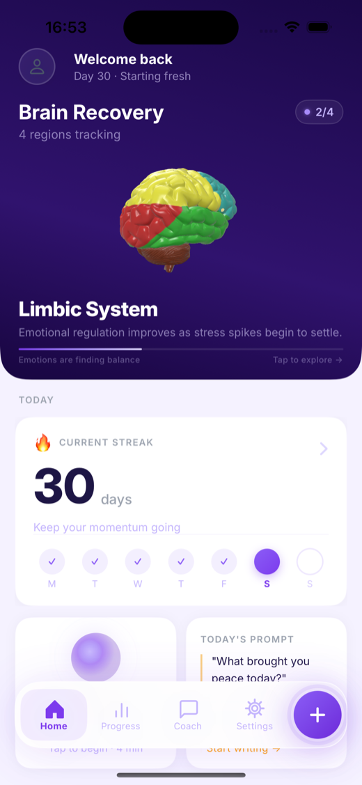 MyQuitPal home screen with Brain Recovery, streak, and daily prompt cards.